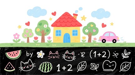 A cute, hand-drawn illustration of a sunny countryside scene with a yellow house, pink car, and trees  split by a chalkboard layer filled with doodles like cats, watermelons, leaves, and math equation