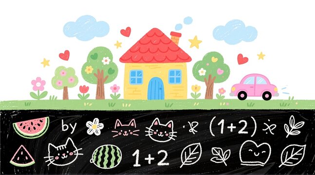 A cute, hand-drawn illustration of a sunny countryside scene with a yellow house, pink car, and trees  split by a chalkboard layer filled with doodles like cats, watermelons, leaves, and math equation