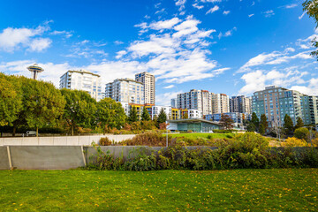 Modern Buildings and Skyscrapers on Seattle Bright Summer Day