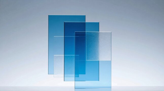 A modern, minimalist sculpture composed of layered translucent blue glass panels with varying textures and opacities, arranged in a geometric, overlapping pattern against a soft gradient background.