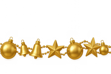 Golden christmas garland decorating border with festive ornaments, stars, and bells on transparent background