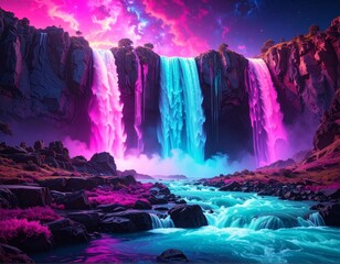 Vibrant Neon Waterfalls and River Landscape