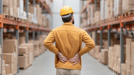 Warehouse Worker Holding Lower Back Pain While Surrounded by Boxes in a Storage Facility Environment