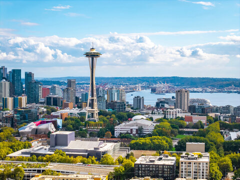 Scenic Panoramic Aerial View of Seattle Skyscrapers - Powered by Adobe