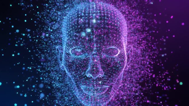 Dynamic AI digital face wireframe animation neon particles flowing futuristic technology background