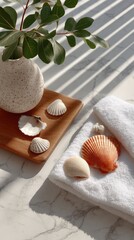 White Beach Towel with Seashells and Greenery on a Marble Surface with Striped Sunlight Shadows