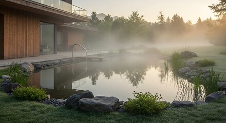 A naturalistic swimming pond integrated into the garden of a modern Alpine home, native plants and rocks at the edges