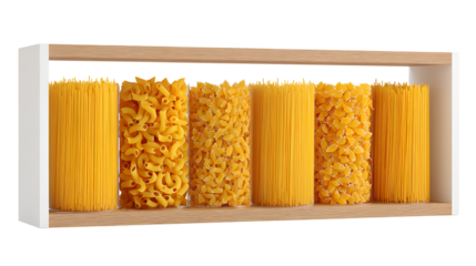 Variety of dry pasta types arranged in wooden frame isolated on transparent background
