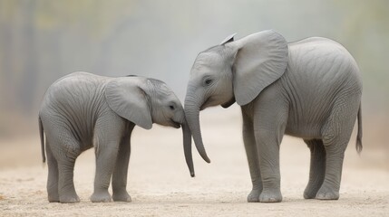 Fototapeta premium Heartwarming Moment of Mother and Baby Elephants Touching Trunks in Serene Natural Environment Captures the Bond of Love and Connection
