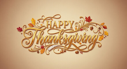 Luxury Golden Happy Thanksgiving Greeting with Autumn Leaves and Acorns on Beige Background