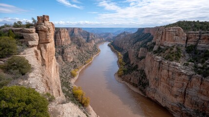 Wide Muddy River Carving Through Rugged Canyon Landscape Under a Partly Cloudy Sky with Green and Yellow Foliage on Rocky Cliffs