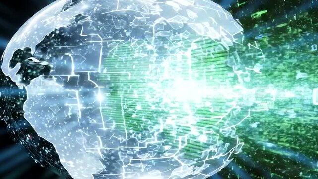 Digital data stream breaking through a glass sphere with binary code inside