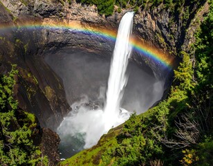 Stunning waterfall with rainbow arc over rugged canyon and lush greenery
