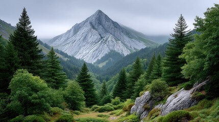 Rugged Mountain Peak with Granite Cliffs and Lush Green Pine Forests Under a Cloudy Sky in a Remote Wilderness Landscape