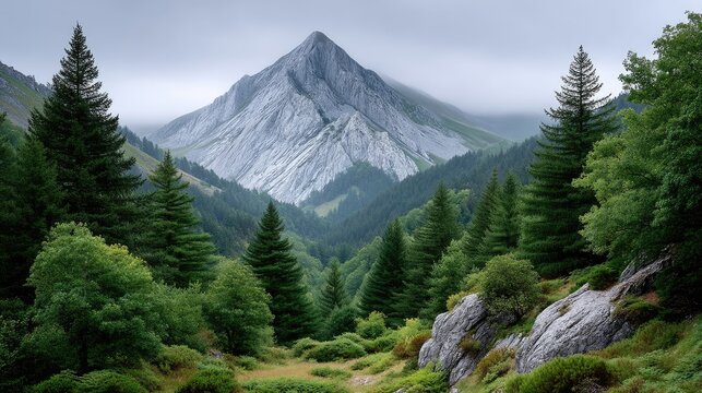 Rugged Mountain Peak with Granite Cliffs and Lush Green Pine Forests Under a Cloudy Sky in a Remote Wilderness Landscape