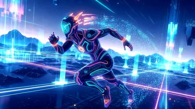 Futuristic neon runner in a digital landscape with glowing lines and particles