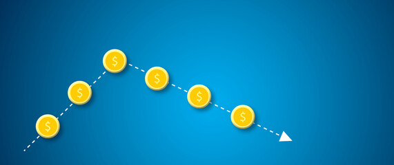 Gold coins with downward arrow and light on blue background. Concept for Financial and economic problems, inflation and business problems. Copy space for the text. 3d paper cut design style.