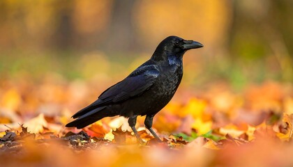 Obraz premium A dark, sleek bird stands amongst fallen autumn leaves