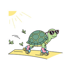 Cool turtle roller skating under summer sun, fun happy vibes for kids