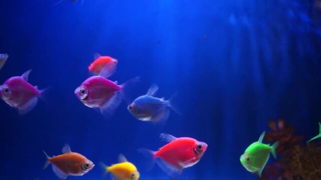 Colorful glofish fish in aquarium on blue background.