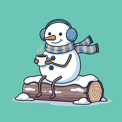 Cozy cartoon snowman enjoys a warm drink sitting on a snow covered log