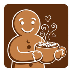 Cute gingerbread man enjoying hot chocolate with marshmallows and hearts
