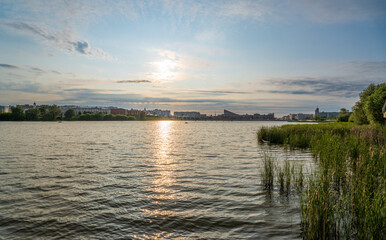 Panoramic Lake Kaban and its surroundings in the evening at sunset. Kazan, Tatarstan, Russia