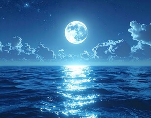Illuminated full moon casting light over a shimmering ocean at night