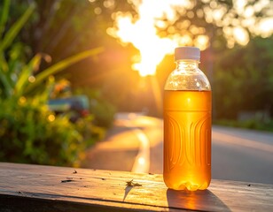 Clear bottle of amber-colored drink sits in warm sunlight