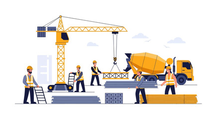 Dynamic construction site bustling with activity, featuring diligent workers, cement truck, and crane creating a modern urban landscape, perfect for architecture firms
