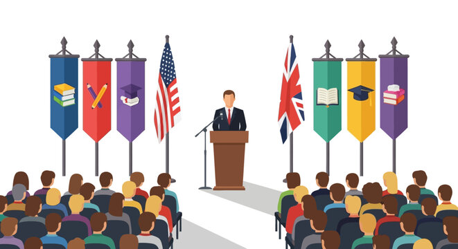Dynamic speaker addressing audience with American and British flags, banners representing education, perfect for international conference promotions