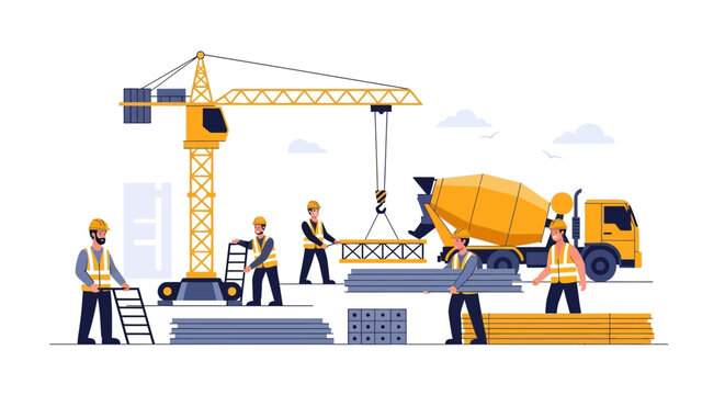 Dynamic construction site bustling with activity, featuring diligent workers, cement truck, and crane creating a modern urban landscape, perfect for architecture firms