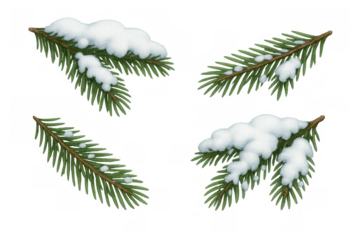 Fir branches with melting snow on a transparent background, winter and christmas season concept