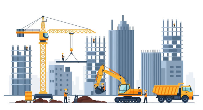 Dynamic construction site with crane, excavator, and workers building a modern cityscape, ideal for urban planning or infrastructure projects