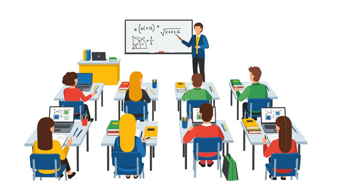Engaged students learning math in a modern classroom with a teacher explaining equations on the whiteboard, fostering academic success and collaboration