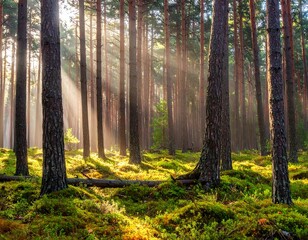 Obraz premium Sunlight streams through tall trees in a lush, green forest
