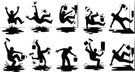 Silhouette man slipping, falling accident, wet floor hazard, paint spill danger, workplace injury, safety warning, caution sign, vector illustration, black icon