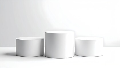 3 white cylinders act as a simple podium
