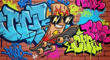 Fototapeta premium Cool Skateboard Character with Sunglasses on Graffiti Wall.