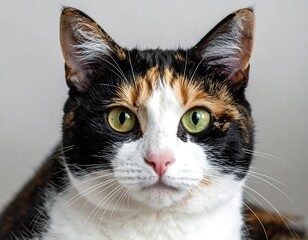 Close-up portrait of a calico cat with striking green eyes