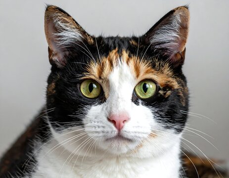 Close-up portrait of a calico cat with striking green eyes - Powered by Adobe
