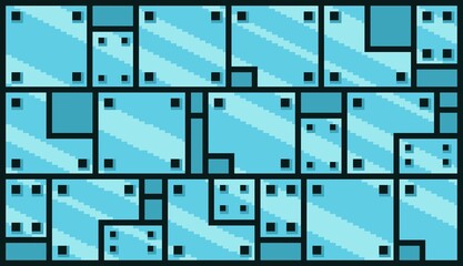 Neon blue pixel art texture showing a randomly tiled wall made of large and small reflective glass or metallic panels. perfect for retro game graphics, tech backgrounds, assets for game, background