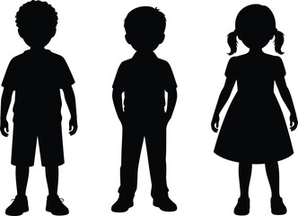 Black and white silhouettes of three children standing together, boy and girl figures in minimal vector illustration on white background