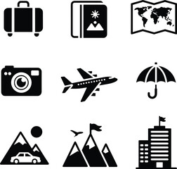 Black and white travel icon set with airplane, suitcase, map, camera, mountain, hotel, umbrella, and vacation adventure symbols, vector illustration