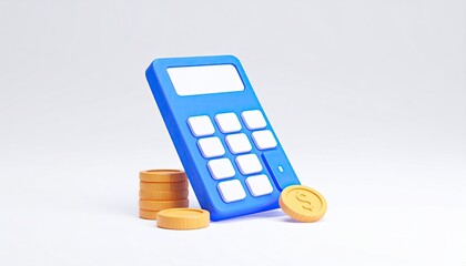 Blue calculator and coins, simple 3D render on white backdrop