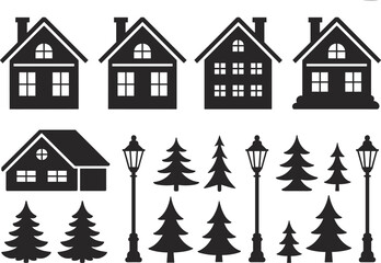 Black and white winter village silhouette set with houses, pine trees, and vintage street lamps, minimalist Christmas illustration collection