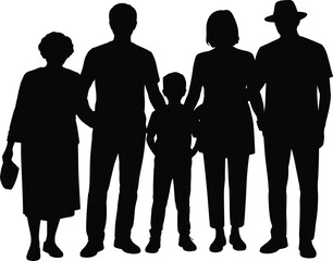 Black silhouette of multigenerational family standing together, grandparents parents and child, unity love bond, minimalist vector illustration art