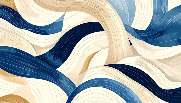 Abstract artwork features flowing, layered shapes in blue, beige, and brown tones