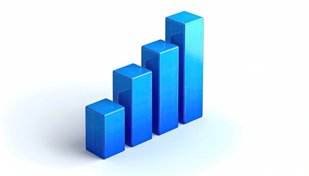 Glossy blue 3D bar graph ascends on a white background