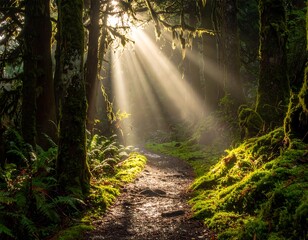Fototapeta premium Sunbeams pierce a misty forest path, illuminating lush moss-covered trees